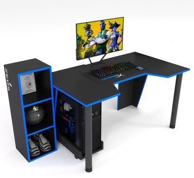 Стіл геймерський "GAMER-4" 120х80х75 см. + Стелаж 32х30х92 см. Чорний/Синій ЗС-2241 фото