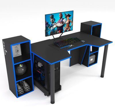 Геймерський стіл "GAMER-5" 120х80х75 см. + 2 Стелажа 32х30х92 см. Чорний/Синій ЗС-2341 фото