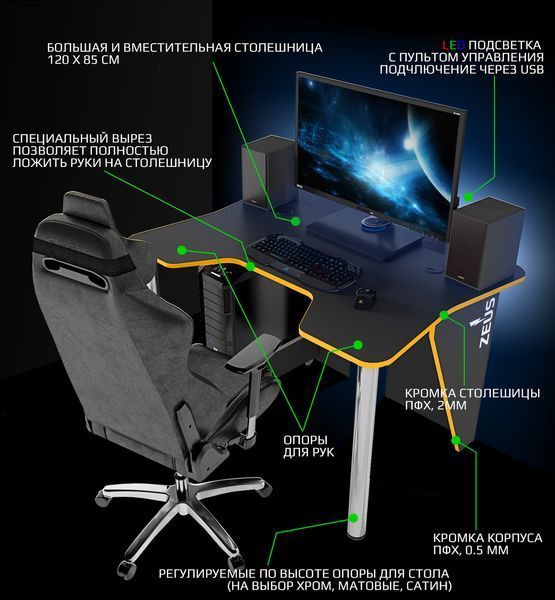 Геймерський стіл "Igrok-3L" 140х85х60 см. LED підсвітка, Чорний/Жовтий ЗС-2253 фото