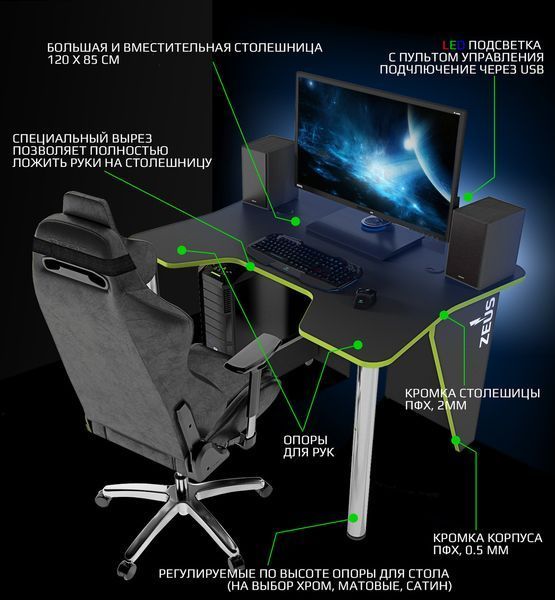 Геймерський стіл "Igrok-3L" 140х85х60 см. LED підсвітка, Чорний/Зелений ЗС-2254 фото